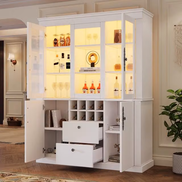 Vetrina 130x37,5x170,5 cm bianca con LED, 2 cassetti, 4 ante e 8 portabottiglie