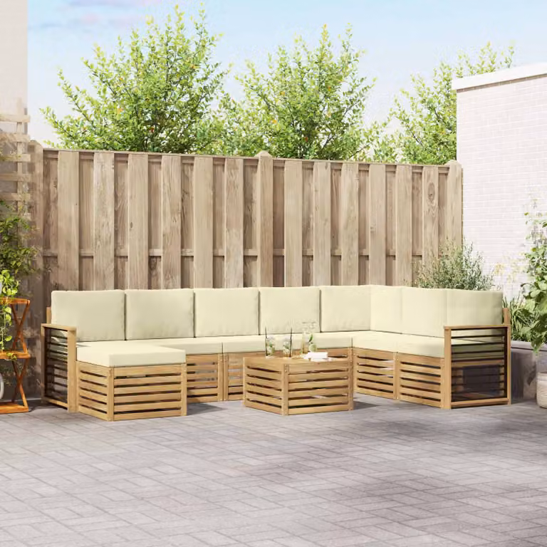 Set di divani da esterno vidaXL 9 pz in legno di acacia con cuscini Bianco e Beige
