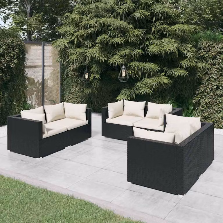 Set di divani da giardino vidaXL a forma di L composto da 6 pezzi con cuscini beige e struttura in metallo nero