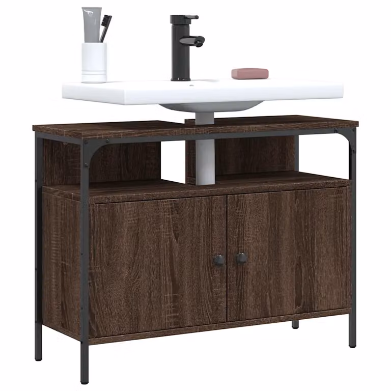 Mobile Lavabo da Bagno vidaXL in Rovere Marrone con Ante a Battente, Stile Industriale, L 80 x P 30 x H 60 cm