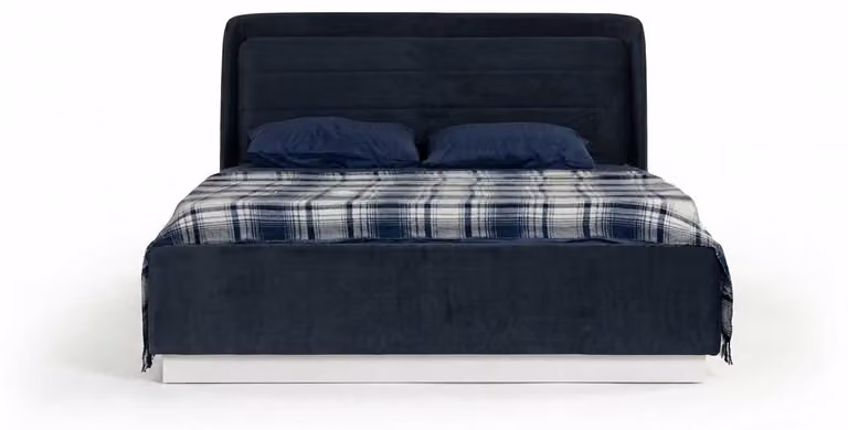 Letto matrimoniale blu, moderno, elegante, imbottito, struttura del letto