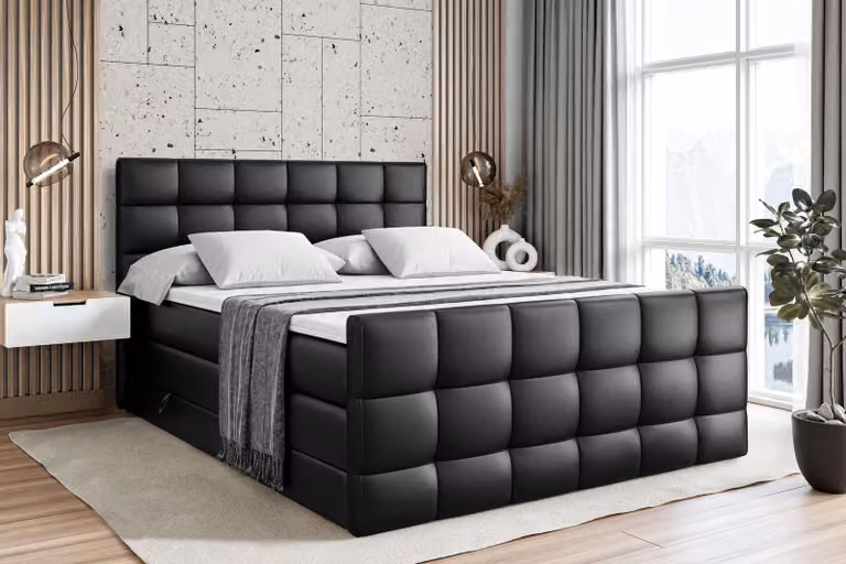 Letto boxspring ALTDECOR con materasso e rete a doghe - APO -Z KING - 120x200 cm - Pelle finta nera - Topper, pediera, letto imbottito con contenitore, letto con vano portaoggetti H3 e H4 - Materasso, letto matrimoniale, letto boxspring