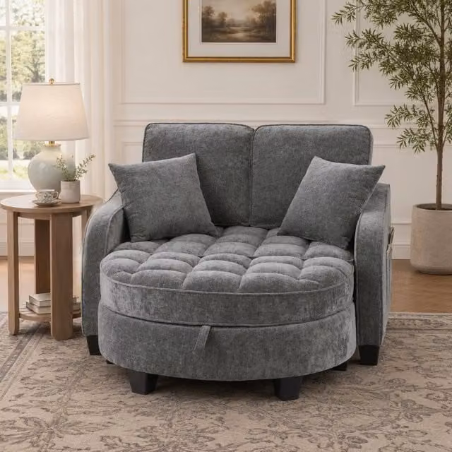 Divano letto 132x129x93 cm in legno di eucalipto grigio scuro con vano contenitore -