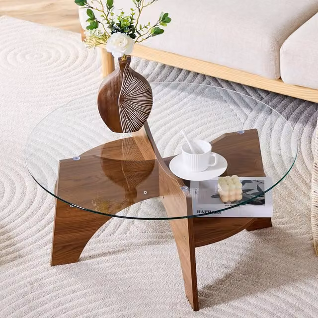 Tavolino basso rotondo in vetro temperato con base a ventaglio in MDF effetto noce per soggiorno 80 cm
