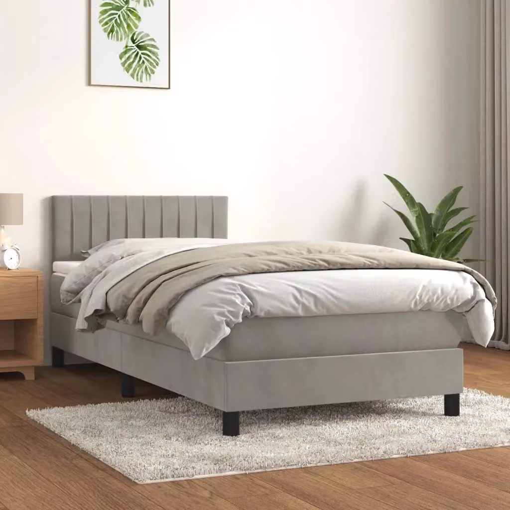 Letto singolo moderno con materasso ibrido e struttura in velluto grigio chiaro, L/P/H: 100 x 200 x 78 cm – 2