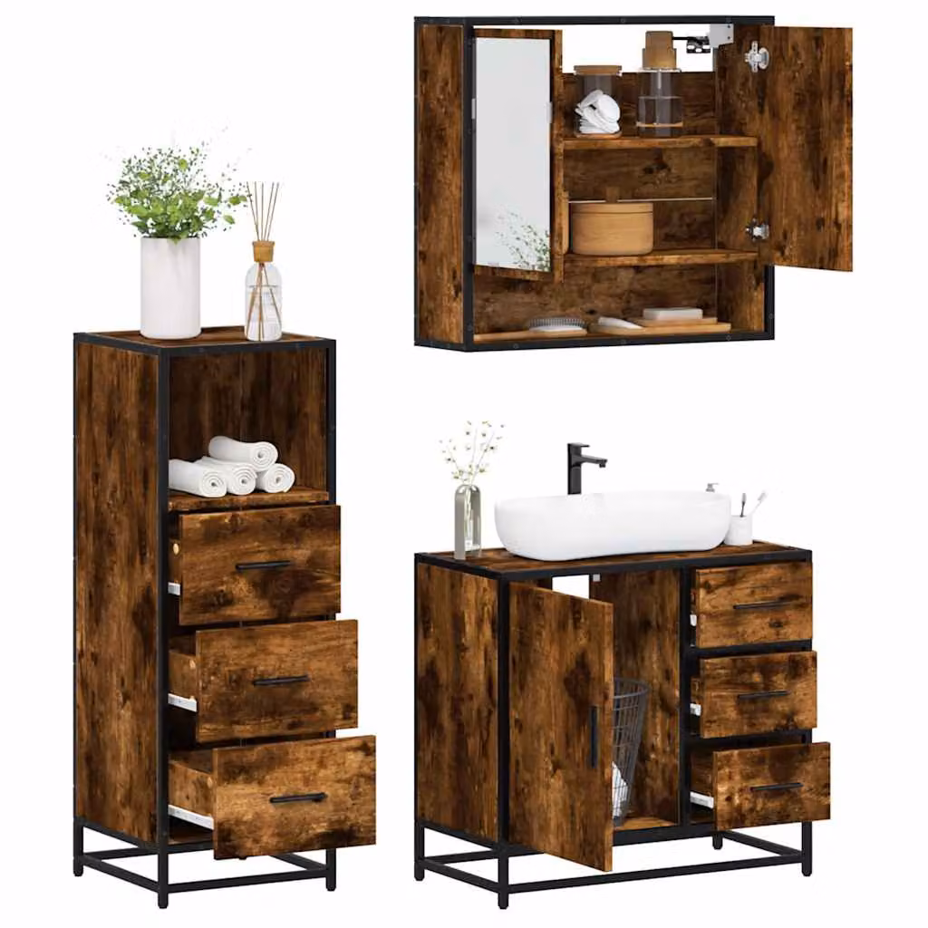 Set di mobili da bagno industrial vidaXL in 3 pezzi color rovere marrone con armadietto a specchio e mobile lavabo in legno e metallo