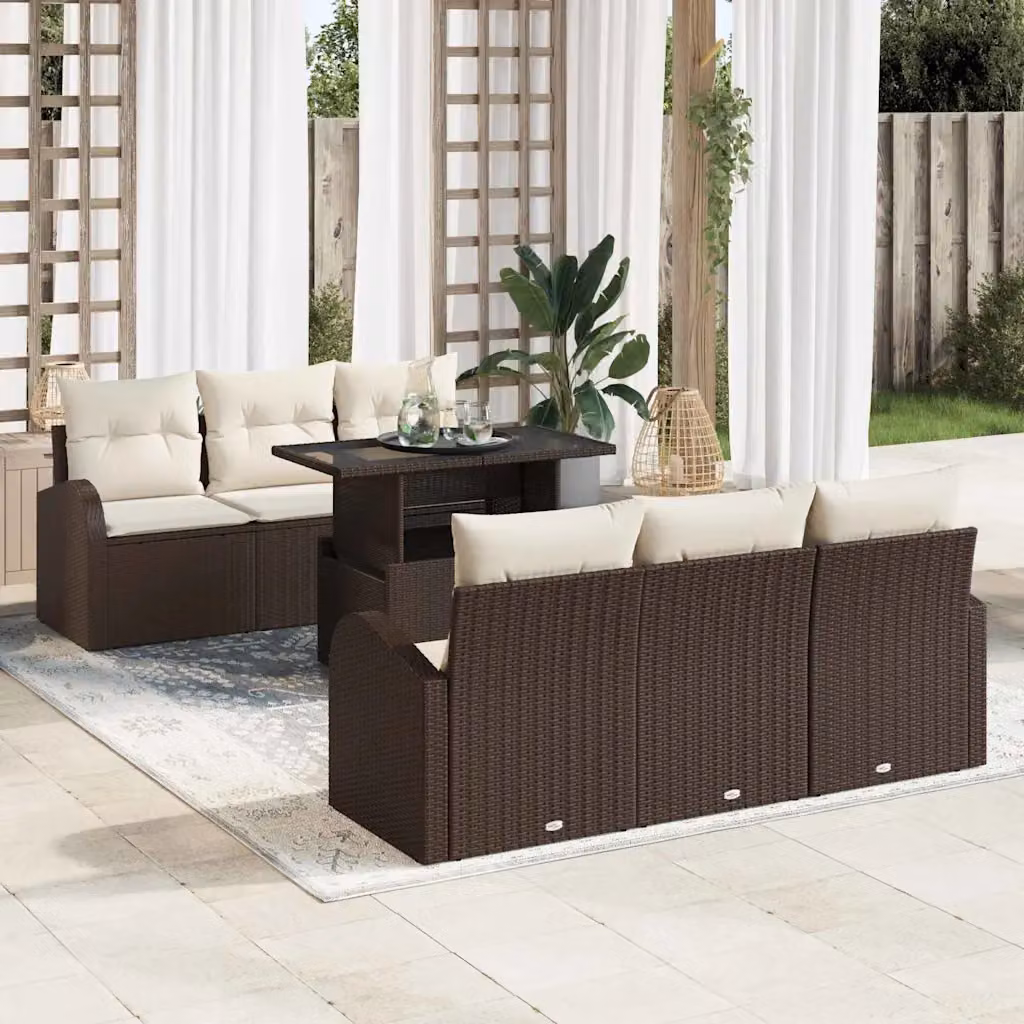 vidaXL Set Divano da Giardino 7 pz Marrone con Cuscini e Tavolino in Rattan e Metallo – 1