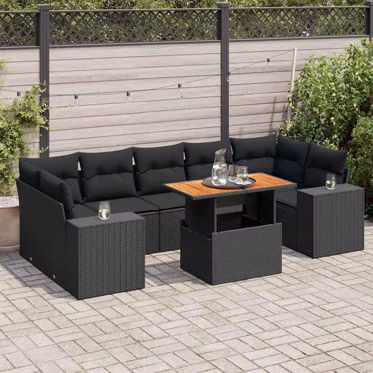 Set Divani da Giardino vidaXL in Polyrattan Nero con Cuscini e Tavolino da Esterno 8 pz