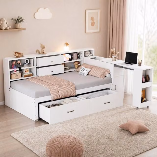Letto multifunzione 90 x 200 cm con cassetti; scrivania estraibile e porte USB; bianco