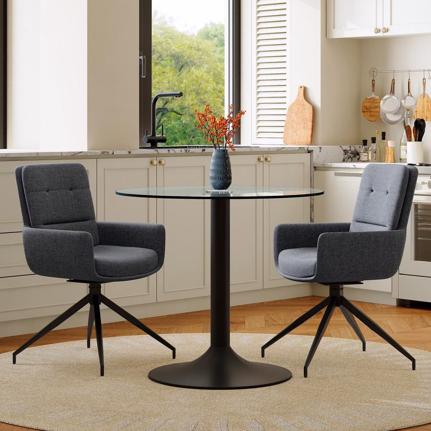 Set di tavolino da soggiorno, piano in vetro temperato, design leggero e lussuoso, struttura in metallo, 2 poltrone girevoli rivestite in tessuto (nero, grigio scuro, trasparente)