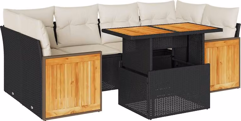 Set Divani da Giardino con Cuscini 7pz Nero Polyrattan Acacia