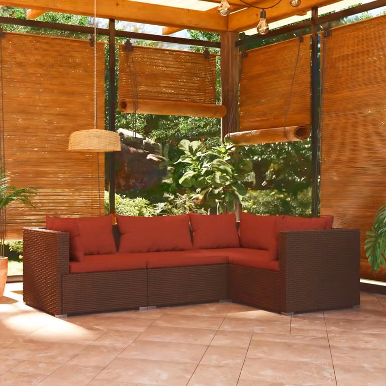 The Living Store Set salotto da giardino 4 pezzi con cuscini in poly rattan marrone