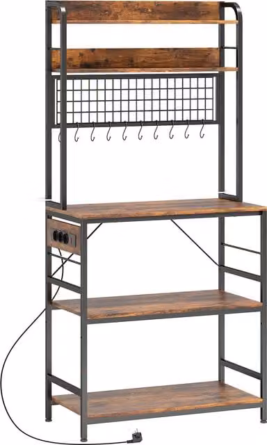 Scaffale da cucina HOMCOM con stazione di ricarica, 5 ripiani regolabili e 10 ganci a S in legno e acciaio, Marrone, L 80 cm x P 40 cm x H 170 cm – 1