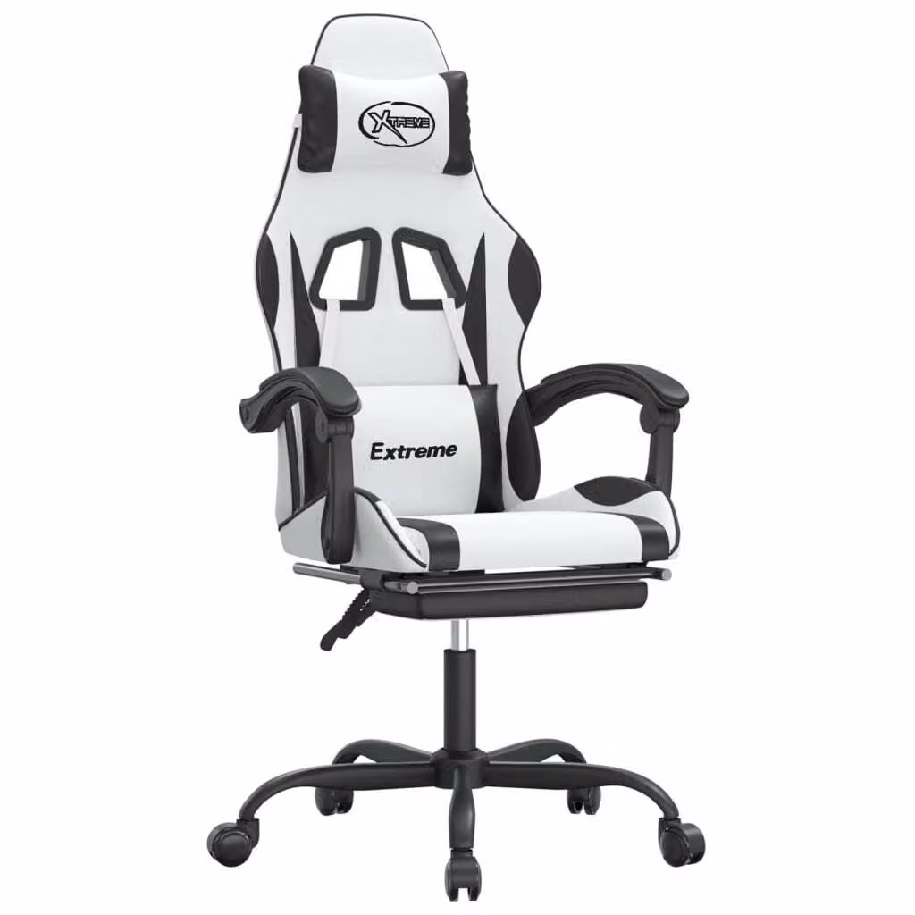 Sedia da Gaming Girevole Poggiapiedi Bianco e Nero Pelle finta