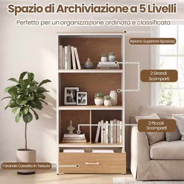 Mobile da soggiorno alto con scomparti e cassetto in tessuto, libreria moderna con anti-ribaltamento per studio e ufficio, robusto, colore naturale