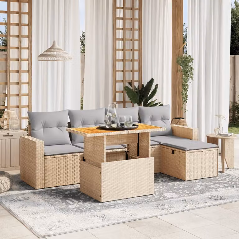 vidaXL Set Divano da Giardino a L 6 pz in Polyrattan con Cuscini Beige e Tavolino da Esterno