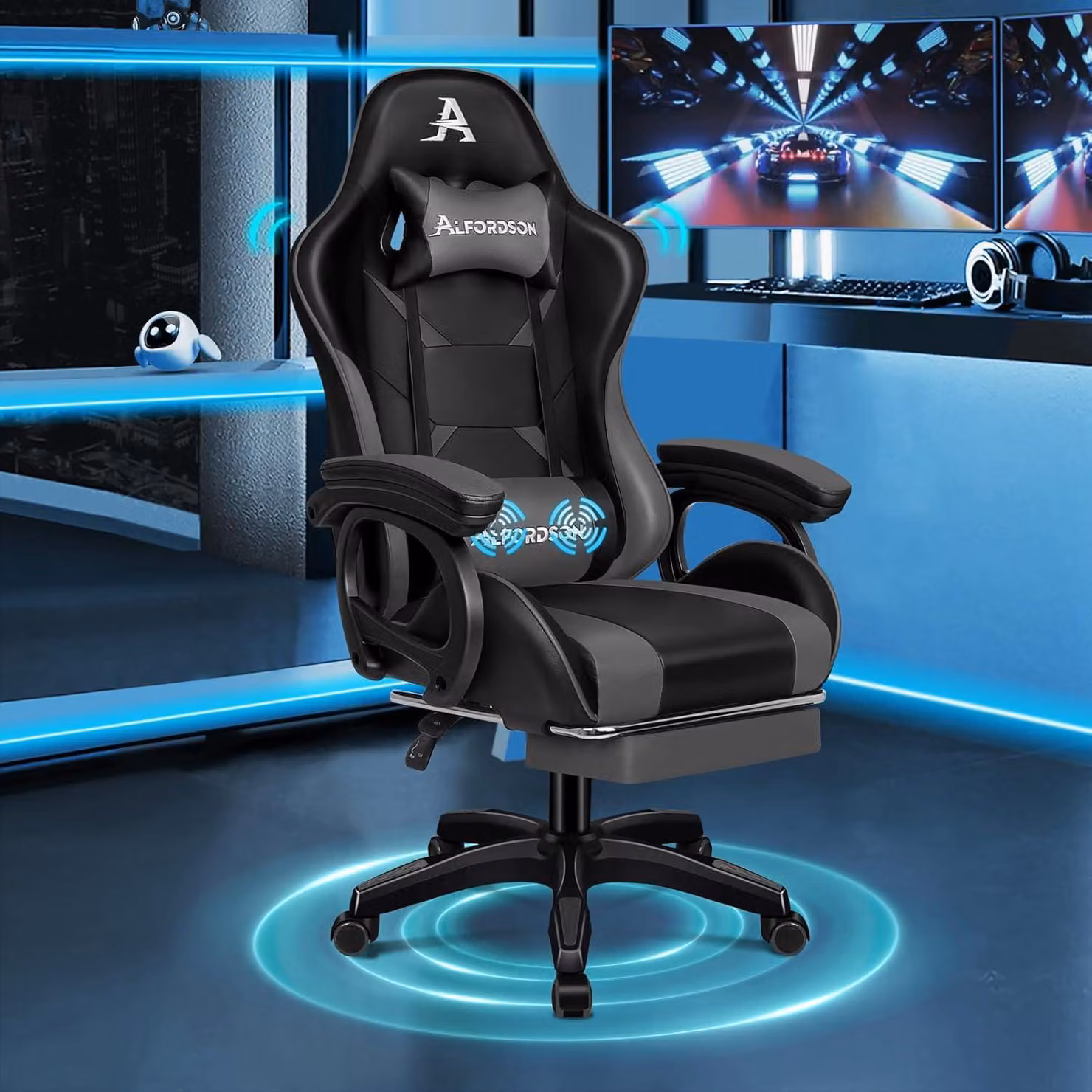 Sedia da gaming grigia con funzione massaggio, poggiapiedi e supporto lombare, sedia ergonomica da ufficio