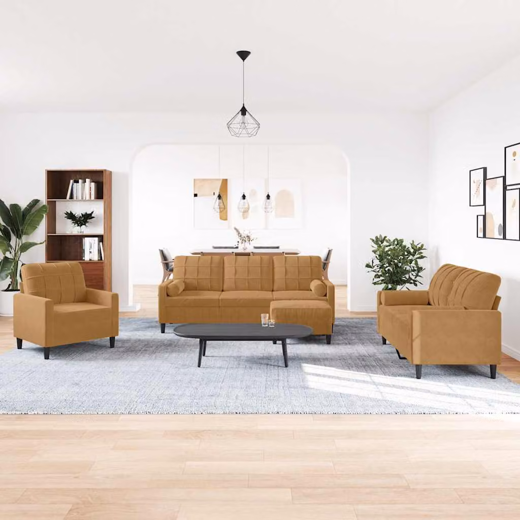 Set di divani moderno vidaXL in velluto marrone composto da 4 pezzi con pouf e cuscini e struttura in metallo