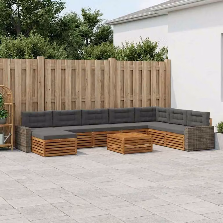 vidaXL Set di divani da esterno a L in legno di acacia con tavolino e pouf, 9 pezzi, Antracite e Marrone