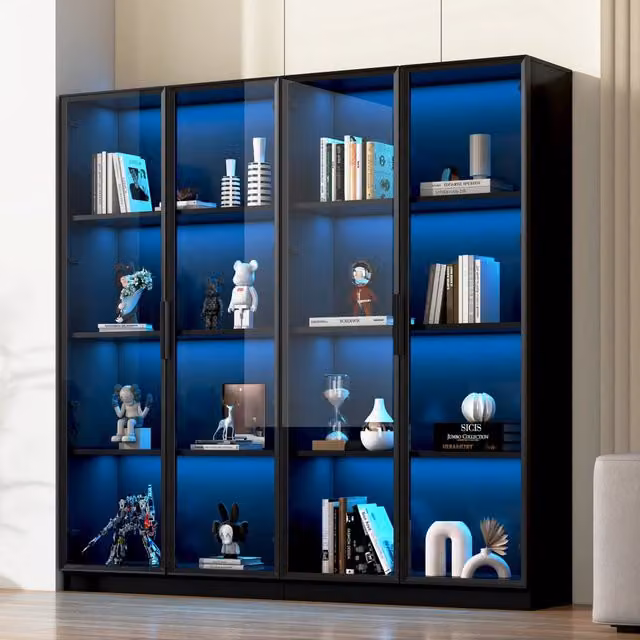 Vetrina moderna Mivray con ante in vetro, illuminazione integrata e ripiani interni, colore nero, L: 160 cm, P: 40 cm, H: 160 cm