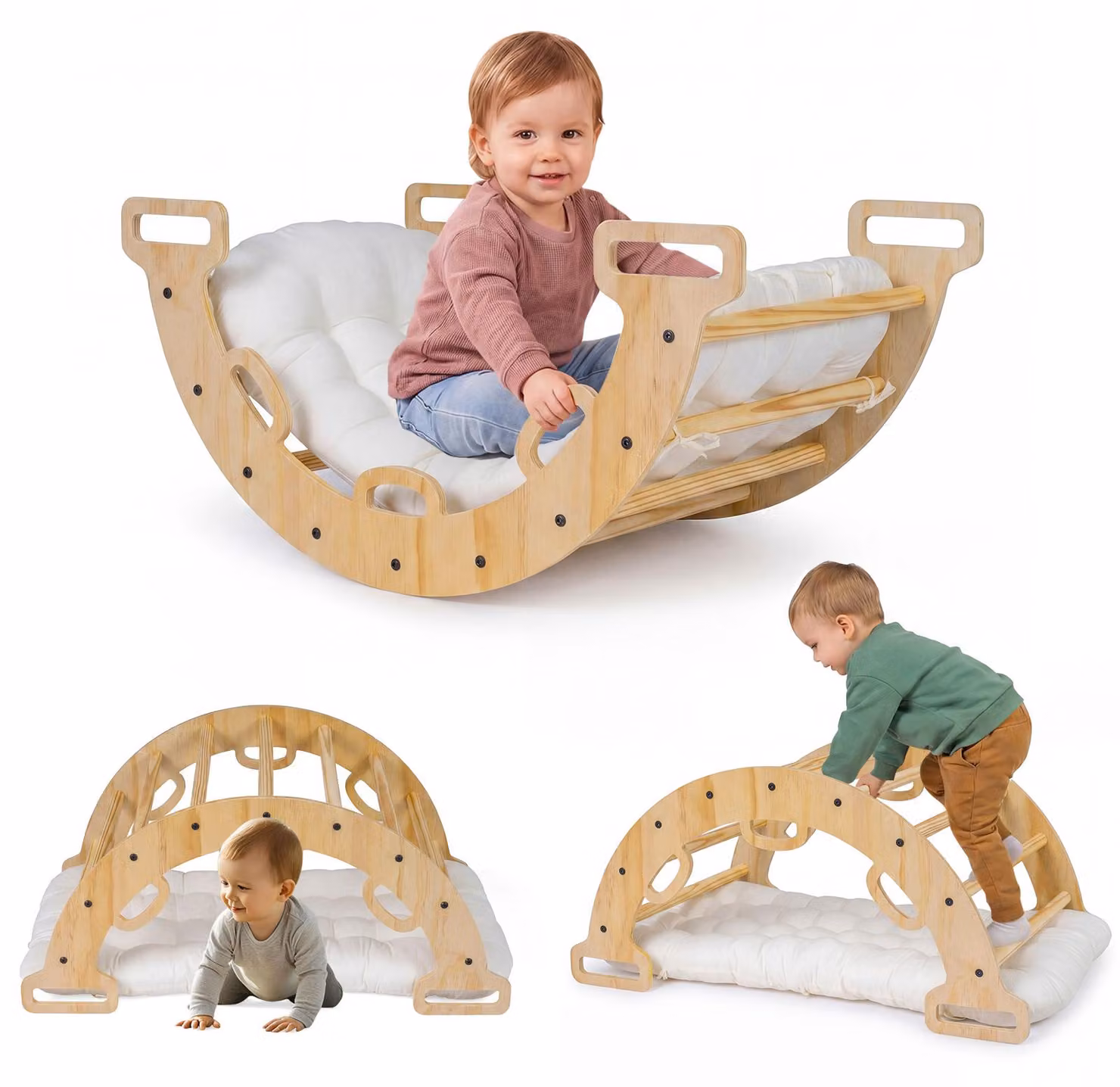 COSTWAY - Struttura a forma di arco in legno con cuscini, altalena-arrampicata Montessori, triangolo per arrampicata, altalena ad arco, arcobaleno, struttura per arrampicata da interno per bambini dai 3 anni in su, 81 x 48,5 x 38,5 cm