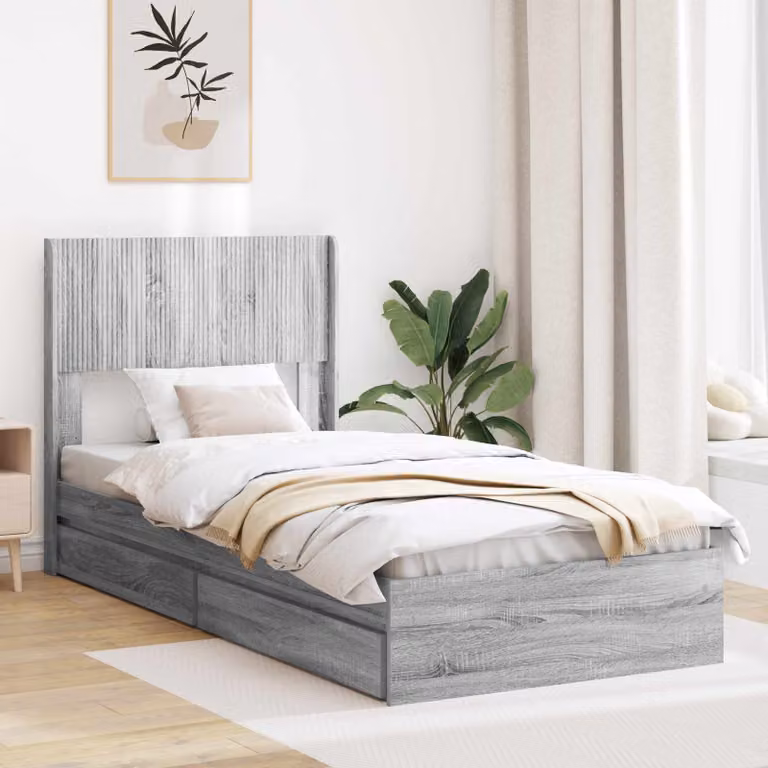 Struttura letto con stoccaggio e testata vidaXL in legno Sonoma grigio L: 140 cm, P: 193 cm, H: 82 cm