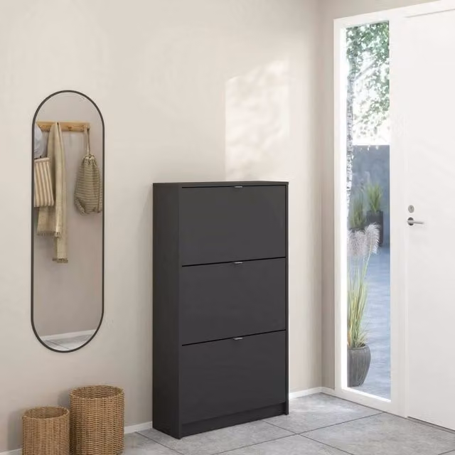 Scarpiera DMORA Grigio con scomparti basculanti e ante a battente per ingresso, L: 123,6 cm, P: 24,05 cm, H: 123,6 cm