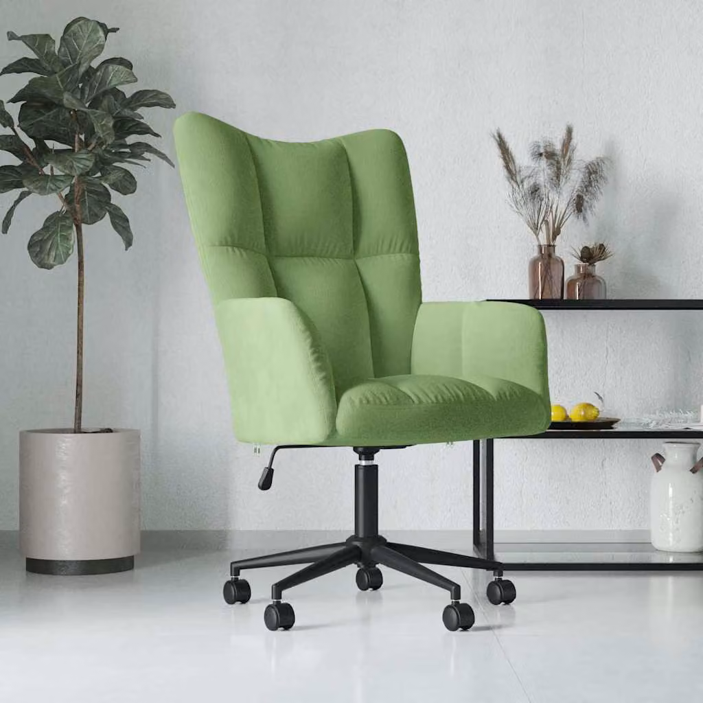 Sedia Relax moderna vidaXL in velluto verde chiaro con base girevole a 360 gradi e ruote