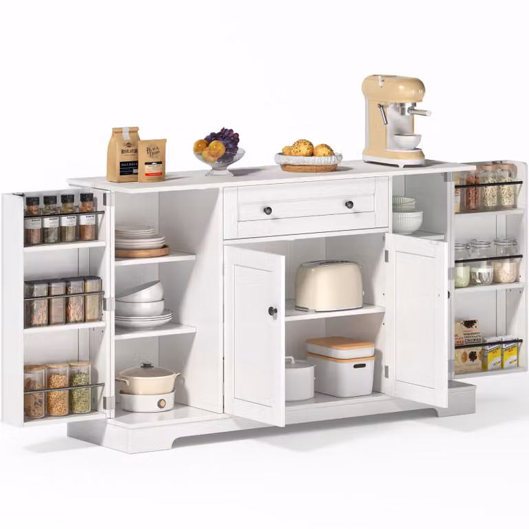Credenza moderna, buffet da cucina, mobile multiuso, mobile di servizio con ampio spazio contenitivo, ripiani con sponde di protezione, supporto a muro con funzione anti-ribaltamento