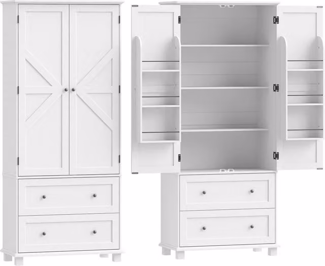 Buffet da Cucina in MDF Bianco con 2 Porte, 2 Cassetti e Mensole Regolabili, 80x39,5x184,5 cm