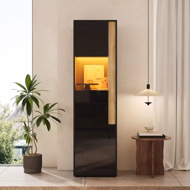 Vetrina alta con illuminazione LED a 2 ante; truciolato e acrilico; nera e legno naturale