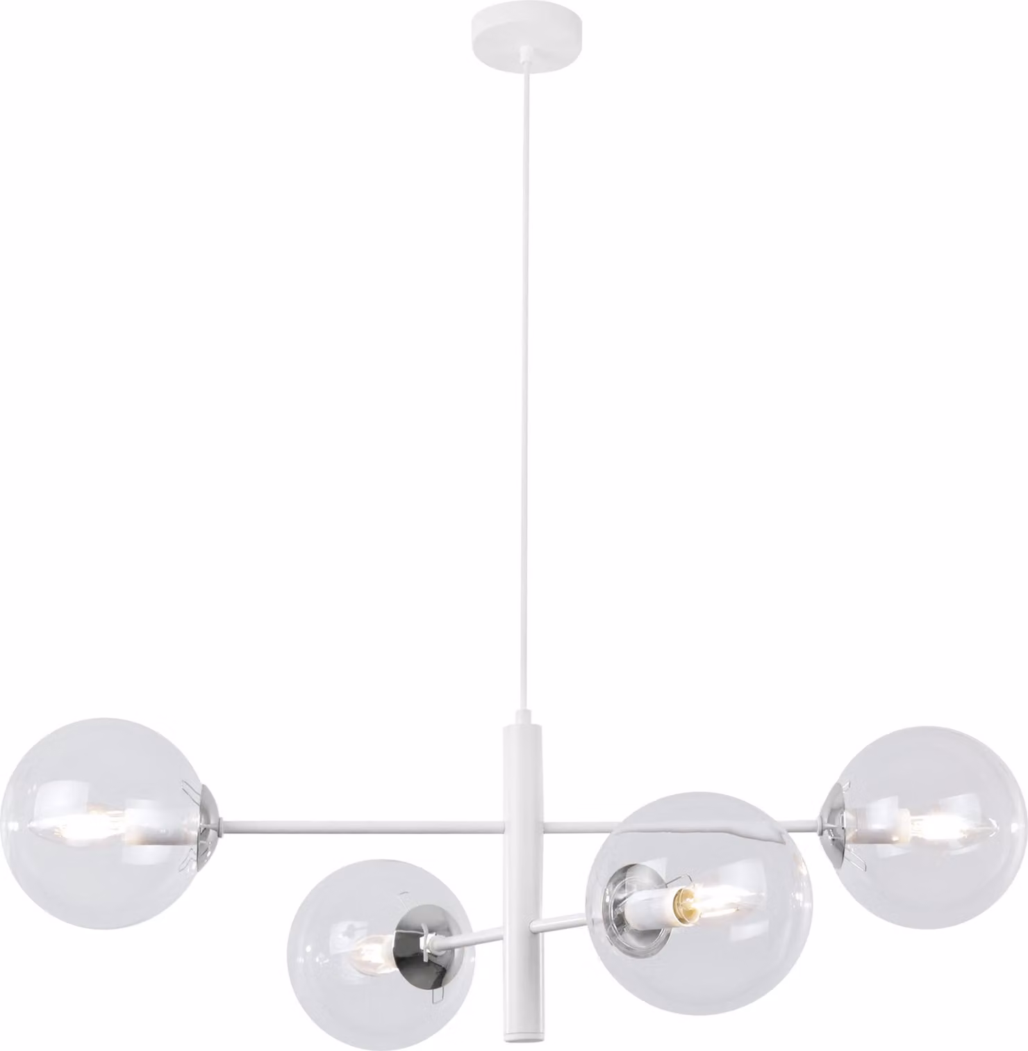 Lampada a sospensione Vicenza bianco-cromo a 4 luci con paralumi trasparenti E14