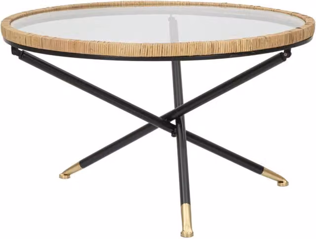 Tavolino da caffe' rotondo Saint Barth con piano in vetro, ferro e rattan — O 80x46,5 cm