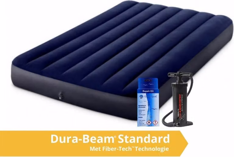 Intex Classic Dura-Beam - Materasso ad aria - Dubbio - Con kit di riparazione e pompa a mano - 191x137x25 cm - PVC - Blu