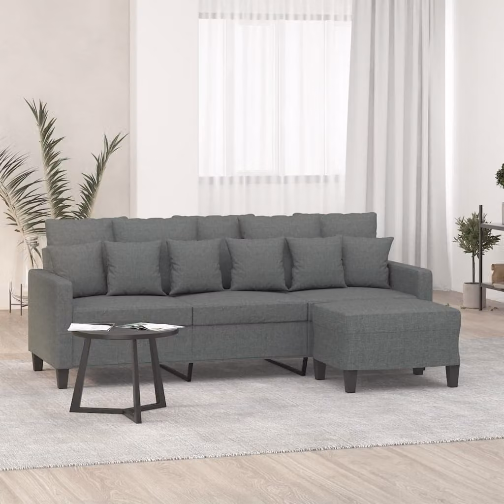 vidaXL Divano a 3 Posti Moderno con Poggiapiedi in Tessuto Grigio L: 198 cm, P: 80 cm, H: 77 cm – 1