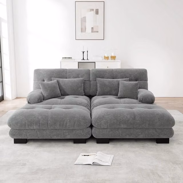 Divano angolare ¨C Minimal ¨C Chenille grigio con braccioli cuscini 2 poggiapiedi