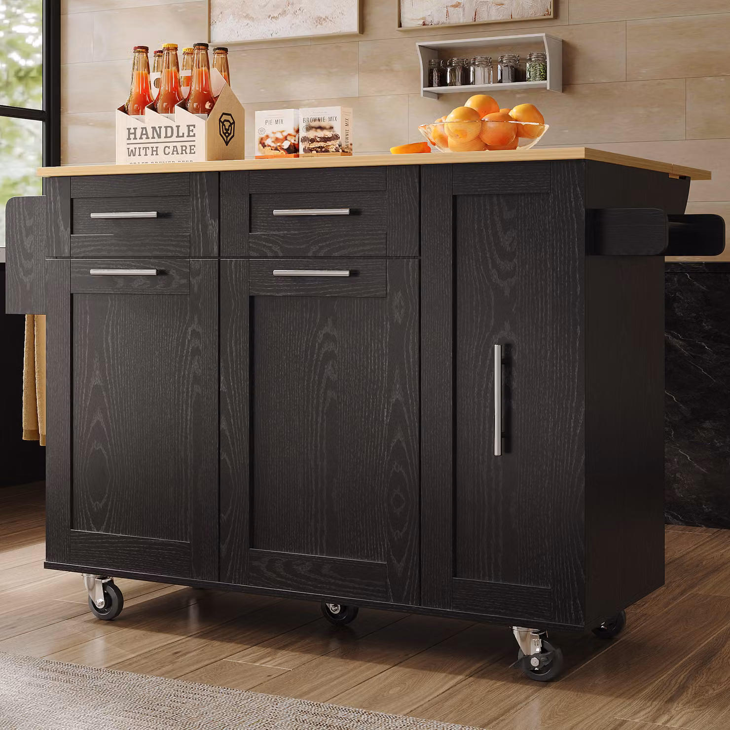 isola da cucina okwish, credenza, mobile da cucina multifunzionale, mobile buffet, carrello da pranzo, isola da cucina con mobili funzionali allungabili, mobile contenitore, nero