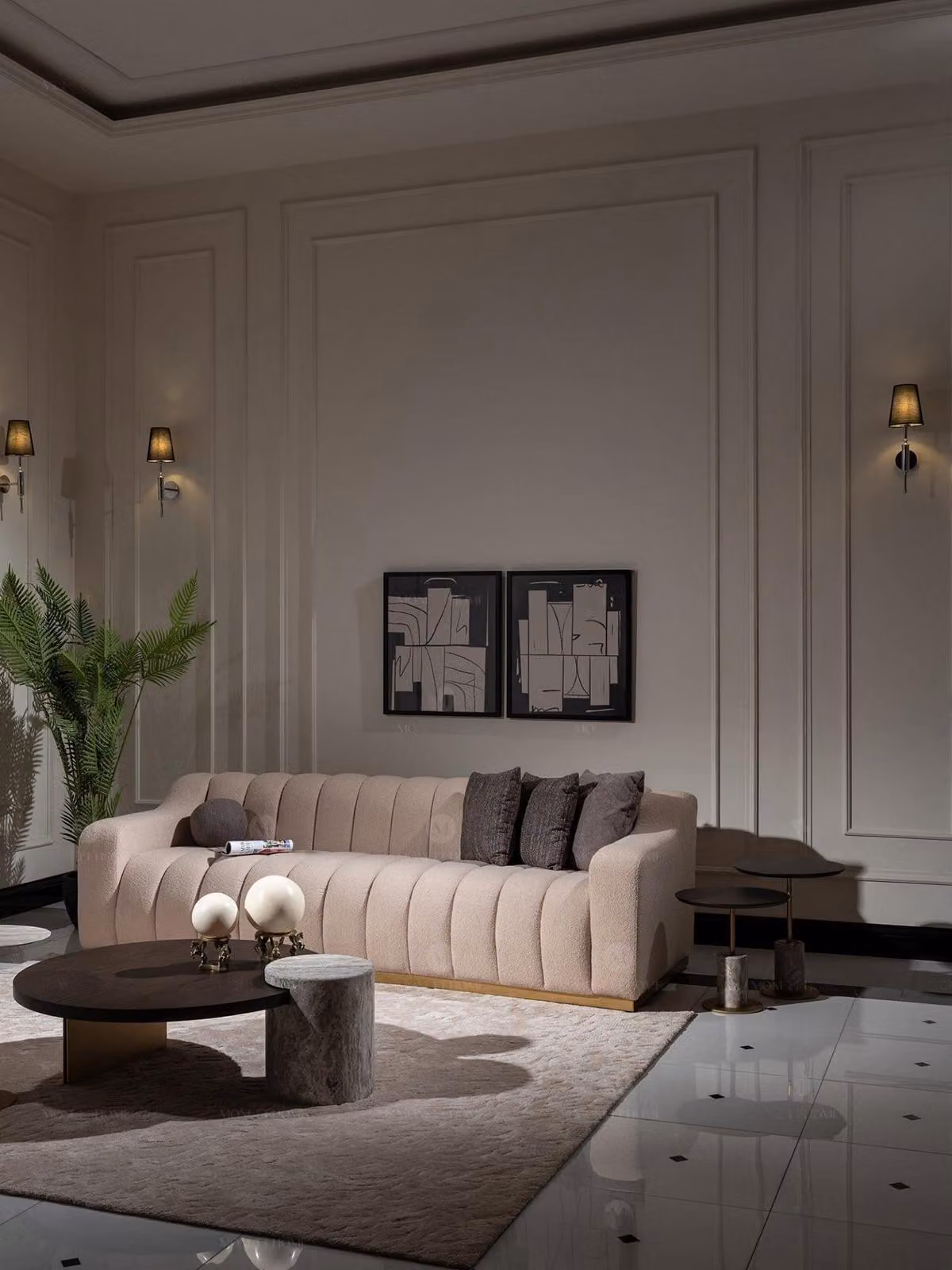 Garnitur Wohnzimmer Dreisitzer Couchtische 4tlg Stoffsofa Beige Holz