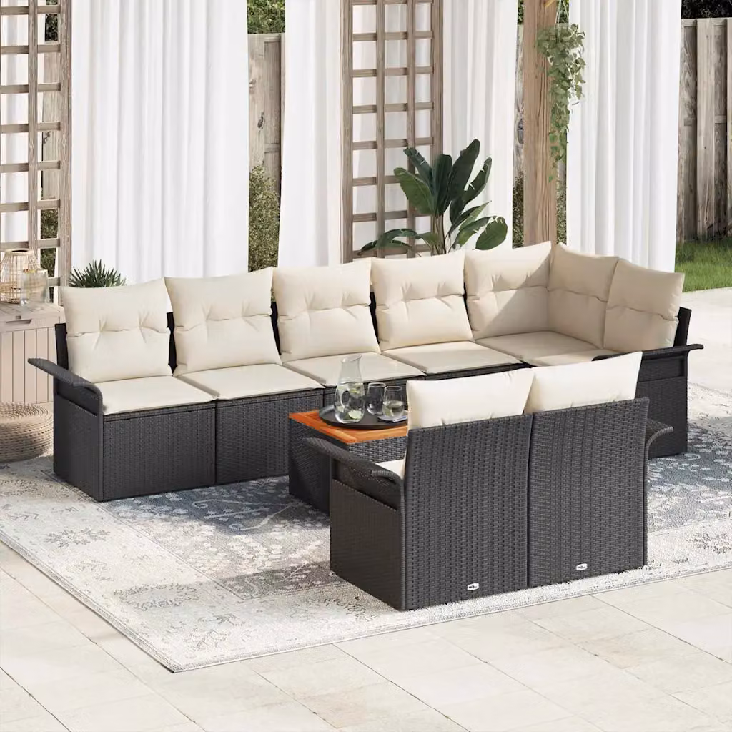Set Divano da Giardino vidaXL 9 Pezzi a Forma di L con Tavolino, Colore Nero e Beige, Struttura in Acciaio e Polyrattan con Cuscini Inclusi – 1