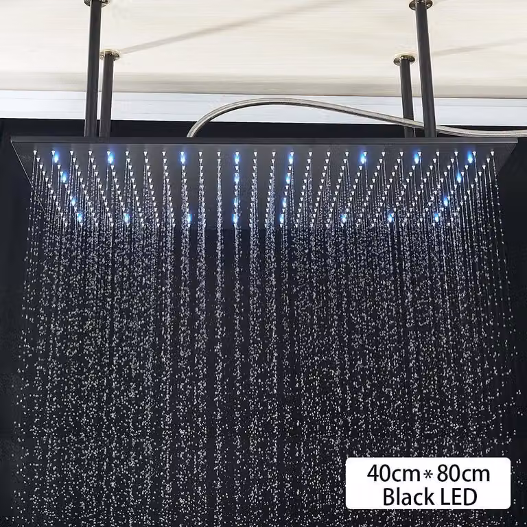 Pannello doccia a soffitto - LED - Modello singolo - Quadrato - Ottone - Installazione a incasso - Illuminazione LED alimentata ad acqua - Nero