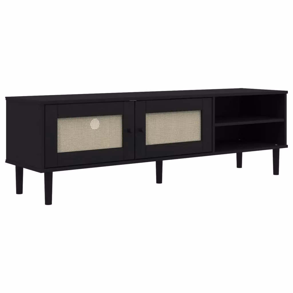 Mobile TV SENJA vidaXL in legno di pino massello con aspetto rattan, colore nero, L 158 cm x P 40 cm x H 49 cm – 2