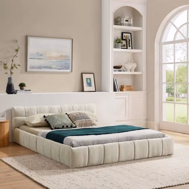Letto matrimoniale 140x200 cm in Chenille morbido, trapuntatura quadrata, legno di eucalipto ecologico, ferro stabile, Beige (senza materasso)