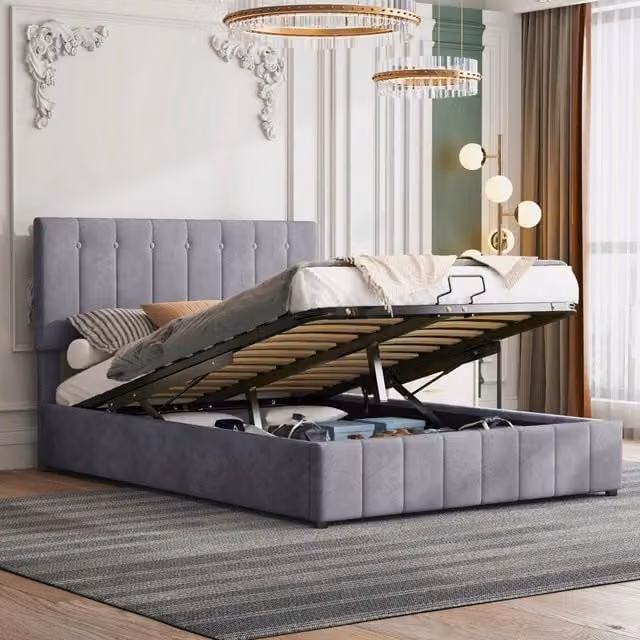 Letto matrimoniale - Xylo - 140x200 - Grigio - Idraulico e velluto