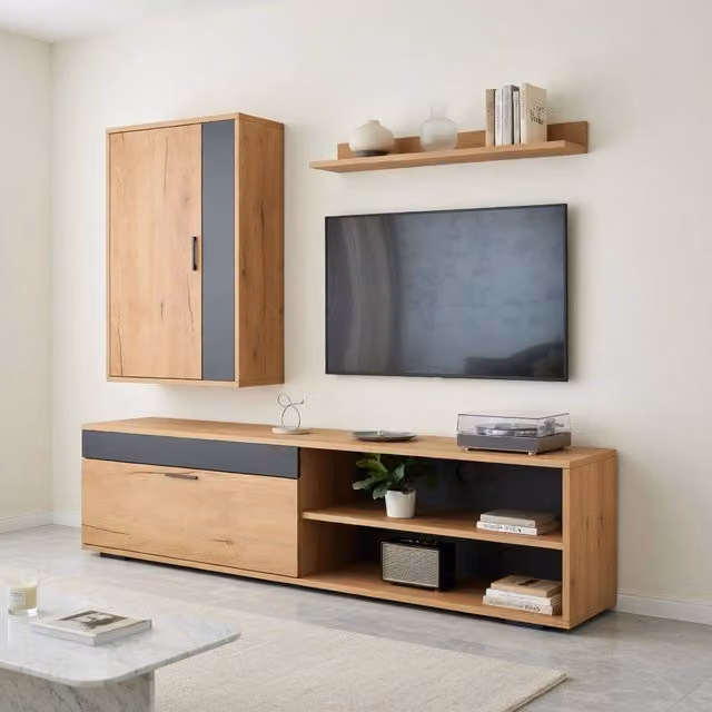 Cassettiera TV KOMHTOM moderna in MDF color rovere e nero L: 140 cm, P: 39 cm, H: 35 cm – 1