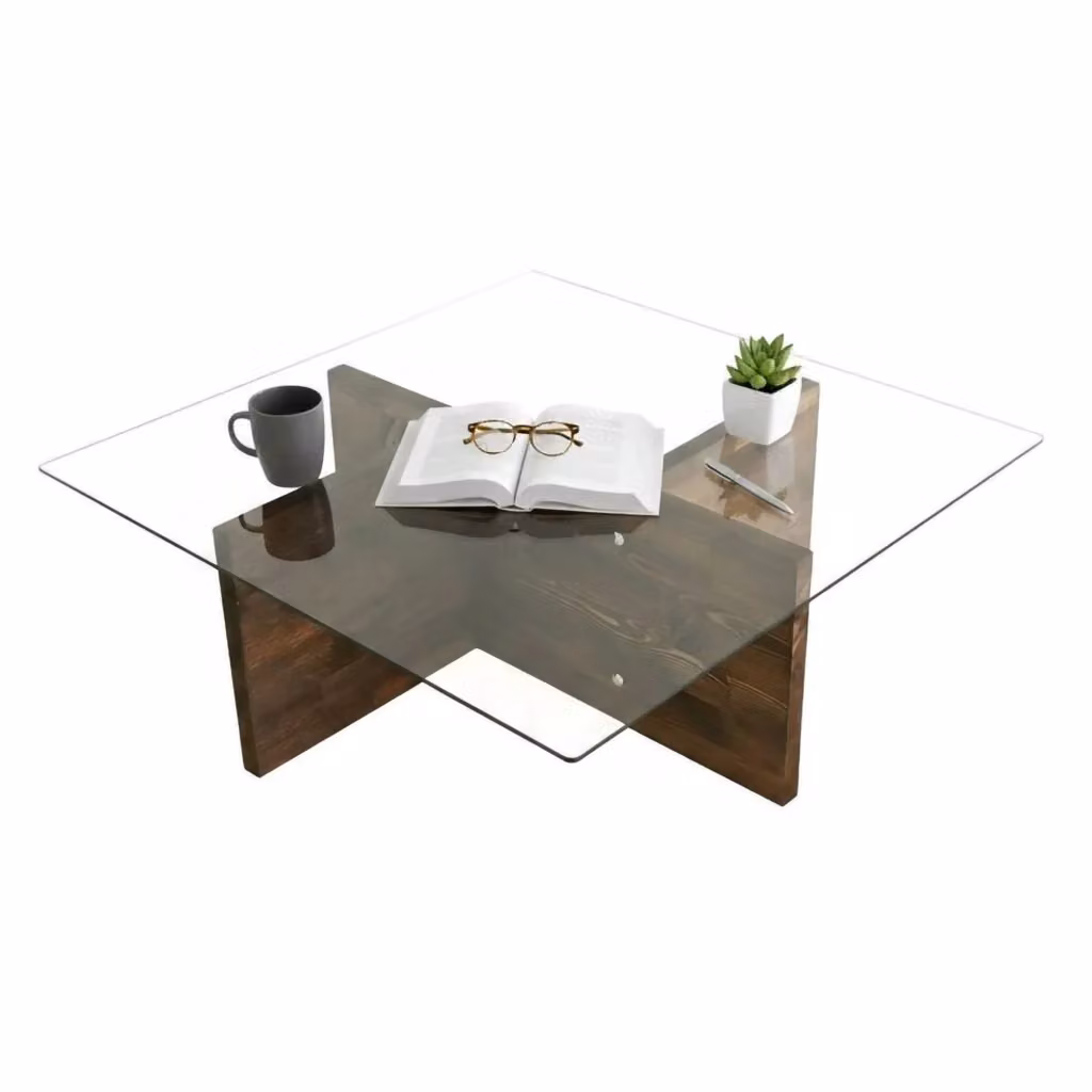 DMORA Tavolino da Salotto Moderno Dhabi con Piano in Vetro Trasparente e Struttura in Legno Marrone, L/P/H: 90 x 90 x 35 cm – 2