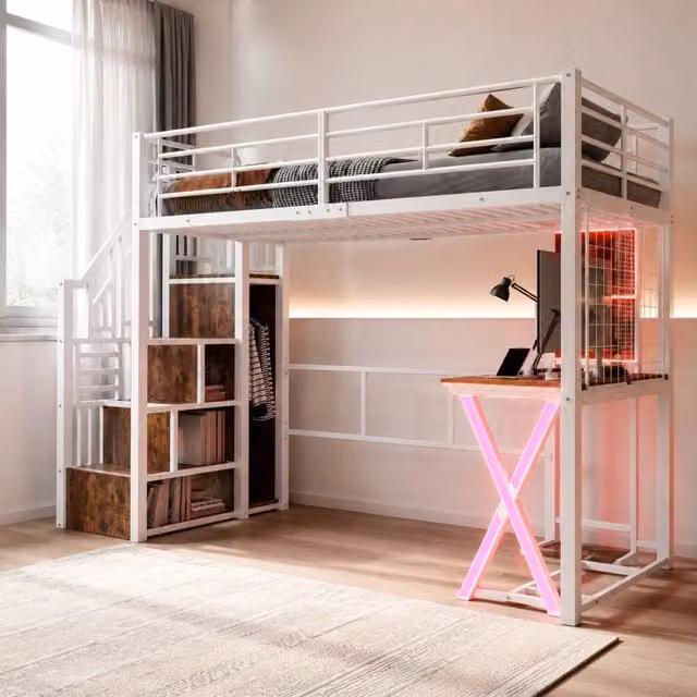 Letto a soppalco MIVRAY bianco con scrivania, armadio, scala contenitore e illuminazione LED telecomandata in metallo e MDF, L/P: 90 x 200 cm – 1