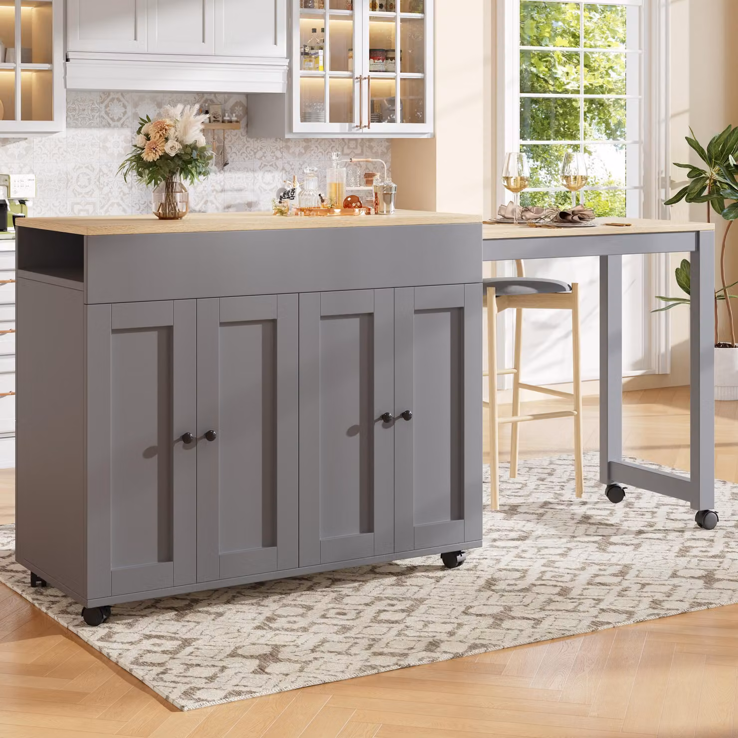Isola da cucina/bancone bar MODFU, 117–180 cm, tavolo da pranzo estendibile, carrello da cucina moderno con 6 scomparti, carrello di servizio per 4-6 persone, colore grigio