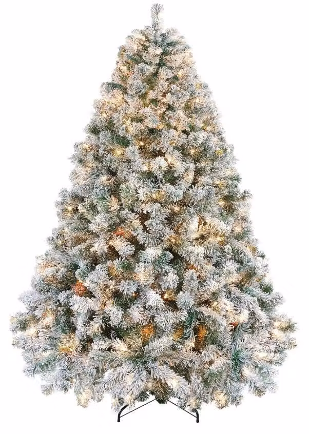 Albero di Natale artificiale, innevato, altezza 180 cm (7.5 piedi), con fitti rami di abete/pino, illuminazione LED e punte degli aghi innevate. Montaggio con sistema a cerniera, base in metallo