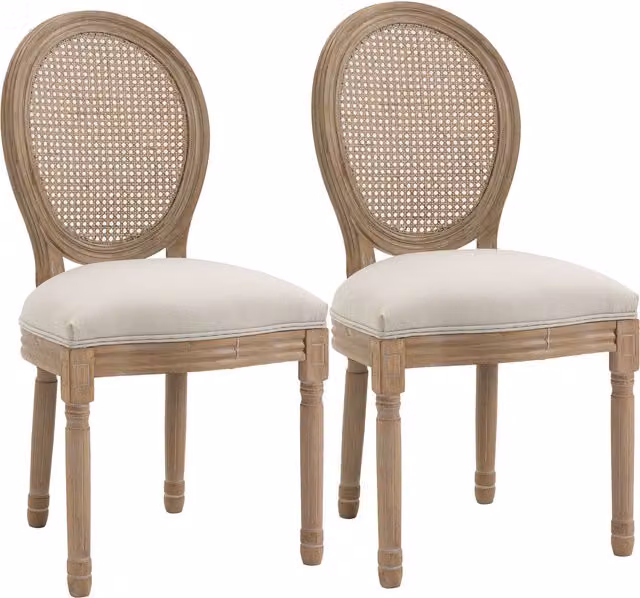 Set di 2 sedie da soggiorno HOMCOM in stile vintage con schienale traforato, in legno e tessuto imbottito, colore bianco/beige, L: 49 cm, P: 56 cm, H: 96 cm