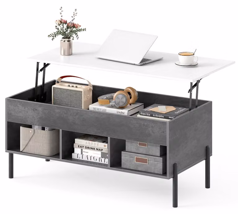 Tavolino KOMFOTTEU con piano sollevabile, tavolino laterale regolabile in altezza con spazio contenitivo, tavolino da soggiorno con ripiano aperto e vano nascosto, tavolino da caffè per soggiorno e ufficio, dimensioni 100 x 50 x 59 cm (grigio)